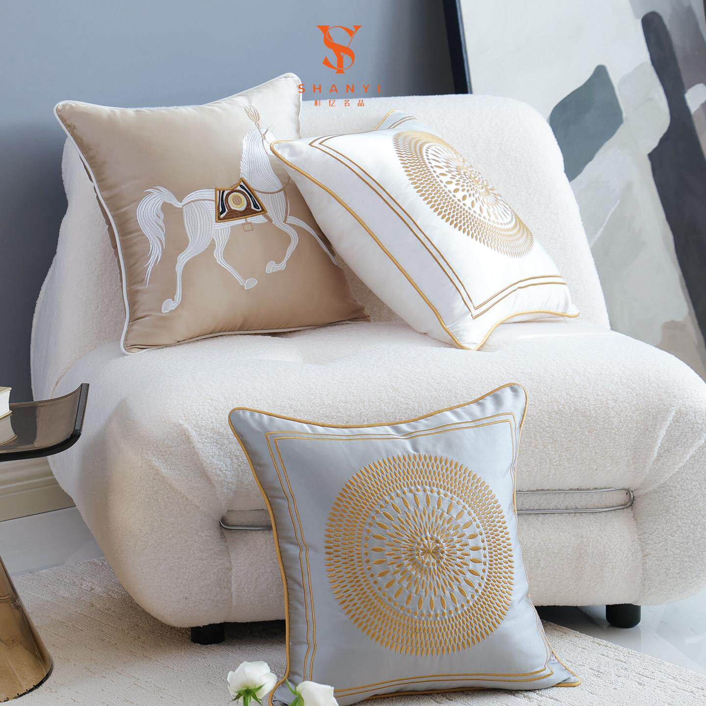 SY 刺绣抱枕沙发大靠垫丝感轻奢飘窗靠背车载长方形枕套不含芯