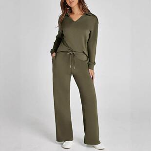 V-neck long sleeved top paired with drawstring elastic