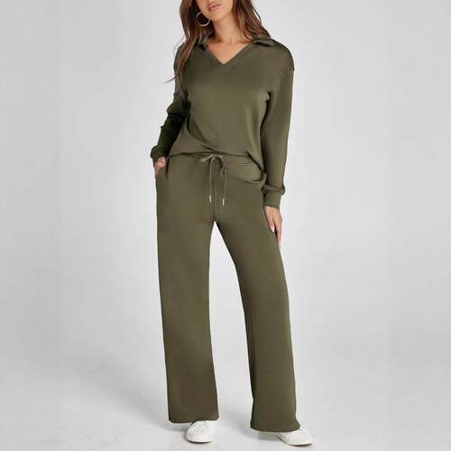 V-neck long sleeved top paired with drawstring elastic