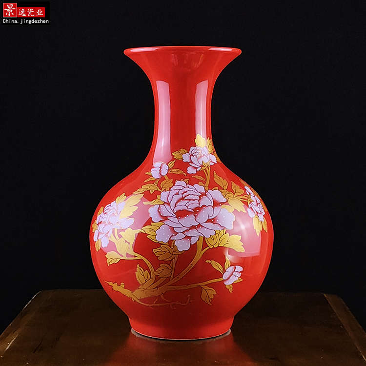 景德镇陶瓷器插花瓶 红色婚宴摆件家居客厅卧室 壁橱博古架装饰品
