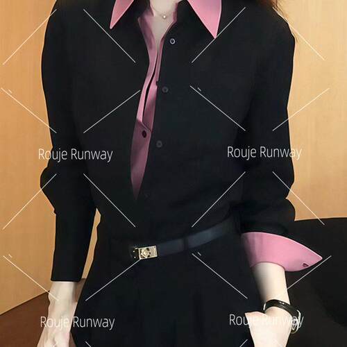 法式Rouje Runway假两件设计翻领撞色拼接衬衫春秋百搭气质上衣女