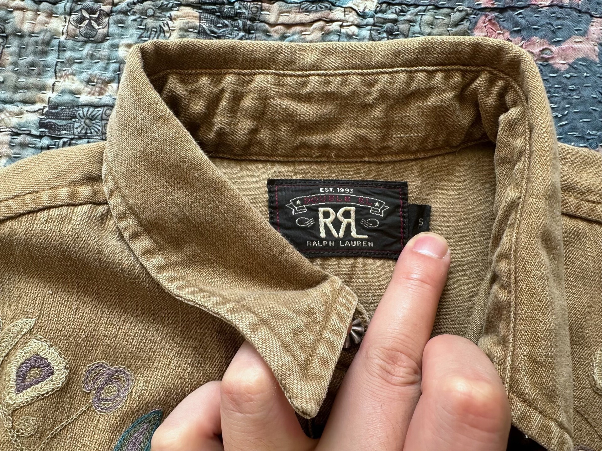 RRL Brown Embroidered Vintage Shirt — detail