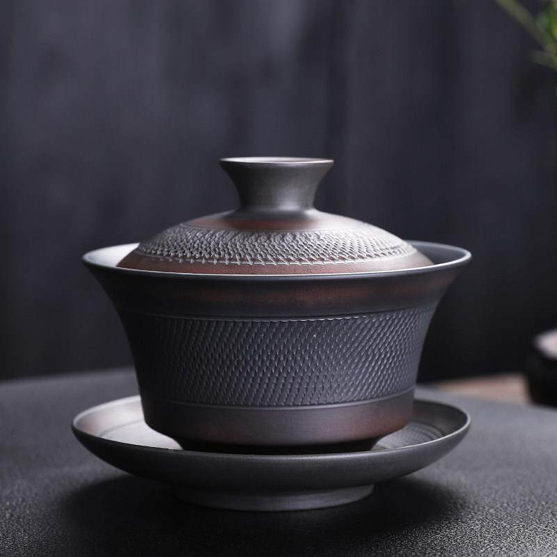 紫陶三彩盖碗茶杯大型家用紫砂纯手工跳刀茶碗陶瓷功夫茶具高端