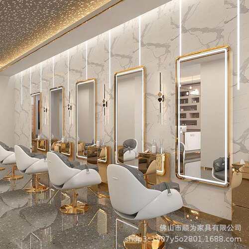 理发店镜子发廊专用美发店镜台网红单双面烫染潮款带灯落地剪发镜