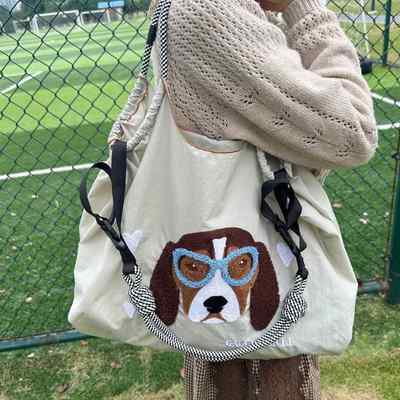3月新款小众日系可爱狗狗大容量环保袋刺绣单肩斜跨包手提购物袋