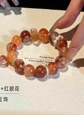 绿发晶红胶花顶珠高性价比天然水晶手串一物一图