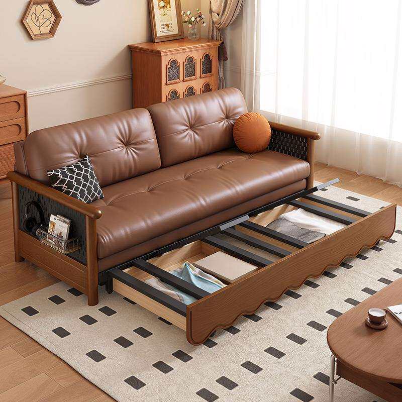 中式复古风实木沙发床折叠两用推拉多功能客厅带储物猫抓皮沙发床