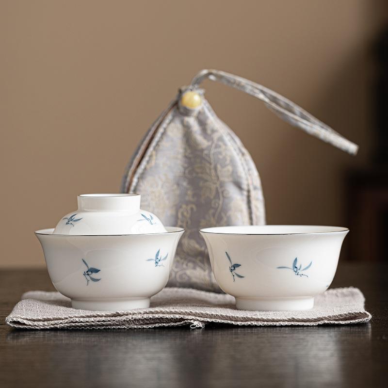 纯手绘兰花快客杯户外露营便携旅行茶具套装陶瓷盖碗茶杯随身单人