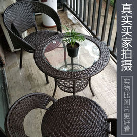 简约阳台小茶几钢化玻璃圆形小桌子储物桌藤编家用客厅小茶桌