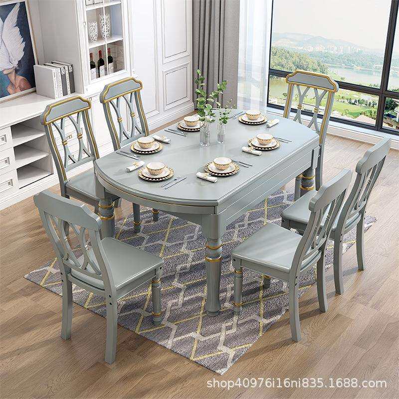 美式轻奢风实木餐桌椅组合现代简约欧式可伸缩家用客厅小户型圆桌
