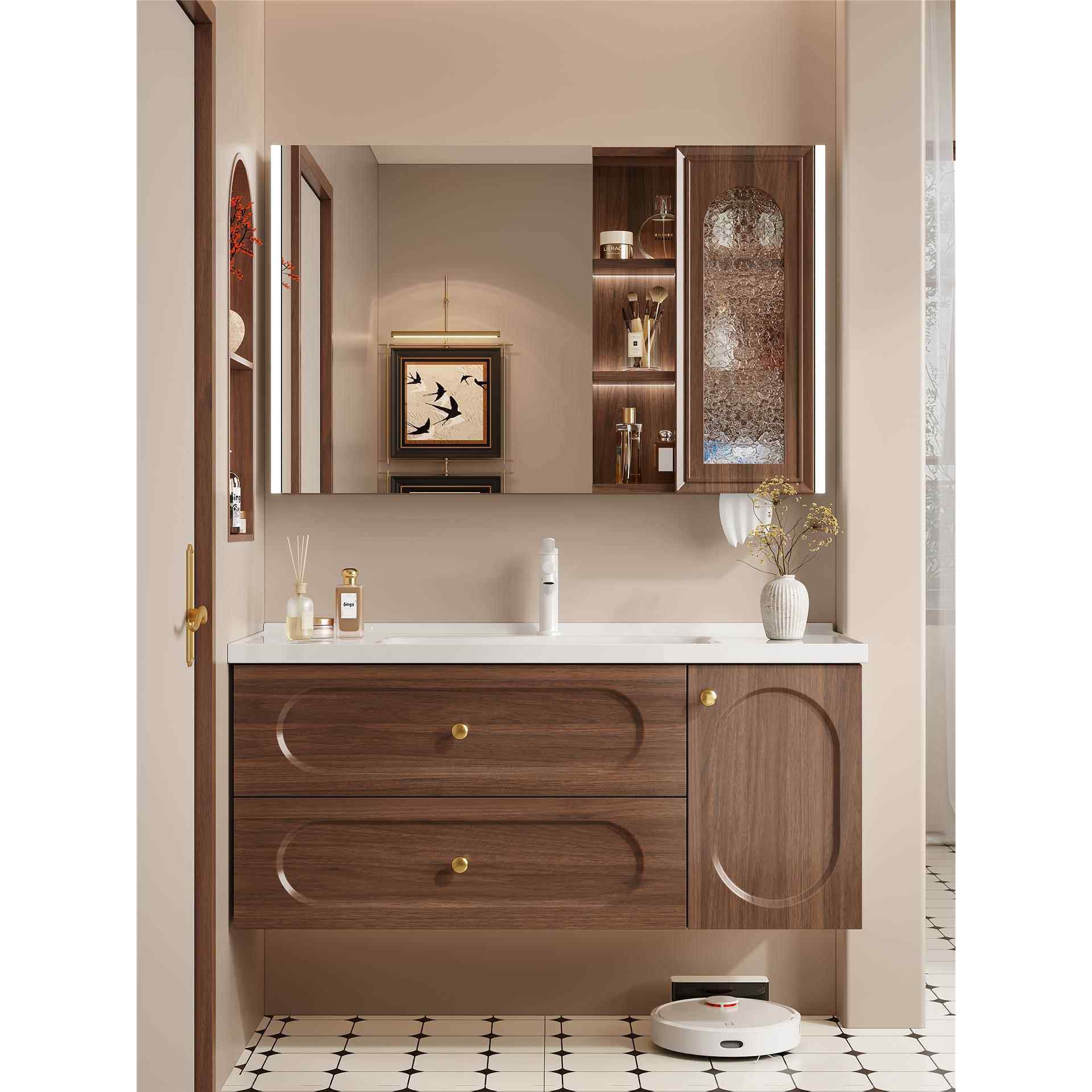 中古风胡桃色实木浴室柜组合实木洗脸盆卫生间洗手面盆陶瓷一体盆