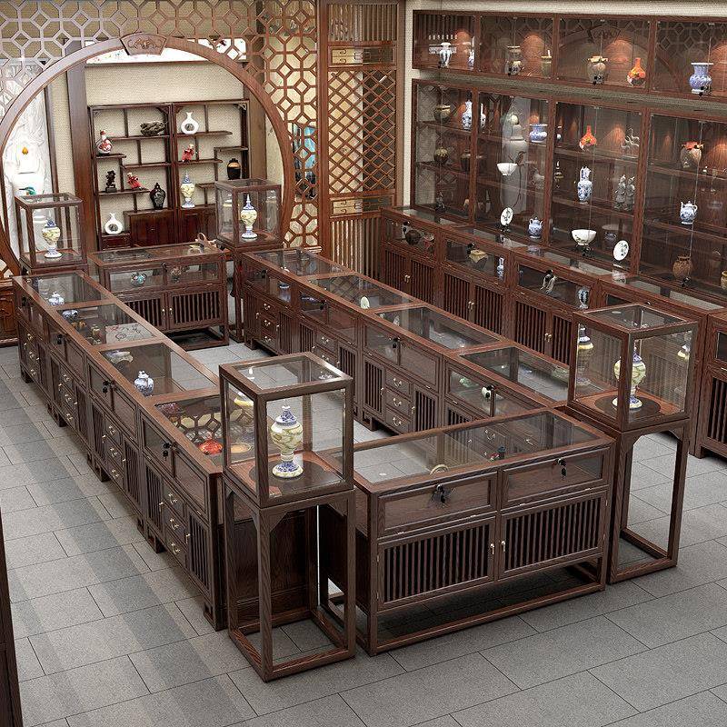 实木珠宝展示柜玉器首饰玻璃柜货架新中式茶叶展示柜壁柜中岛柜台图片