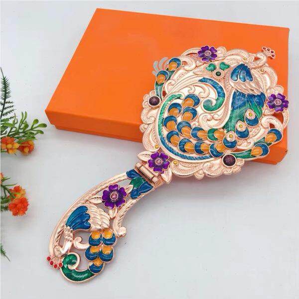 俄罗斯化镜式携创意妆手柄折叠镜子便手持复古孔雀仿KWQ台铜镜子