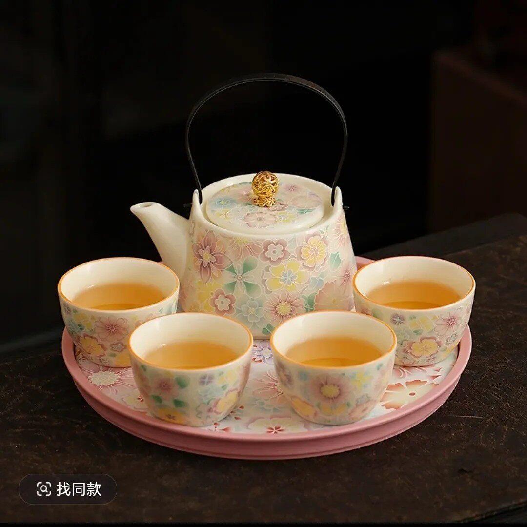 米黄定窑浮雕万花满花满彩陶瓷茶杯泡茶壶提梁壶一壶四杯茶盘茶壶