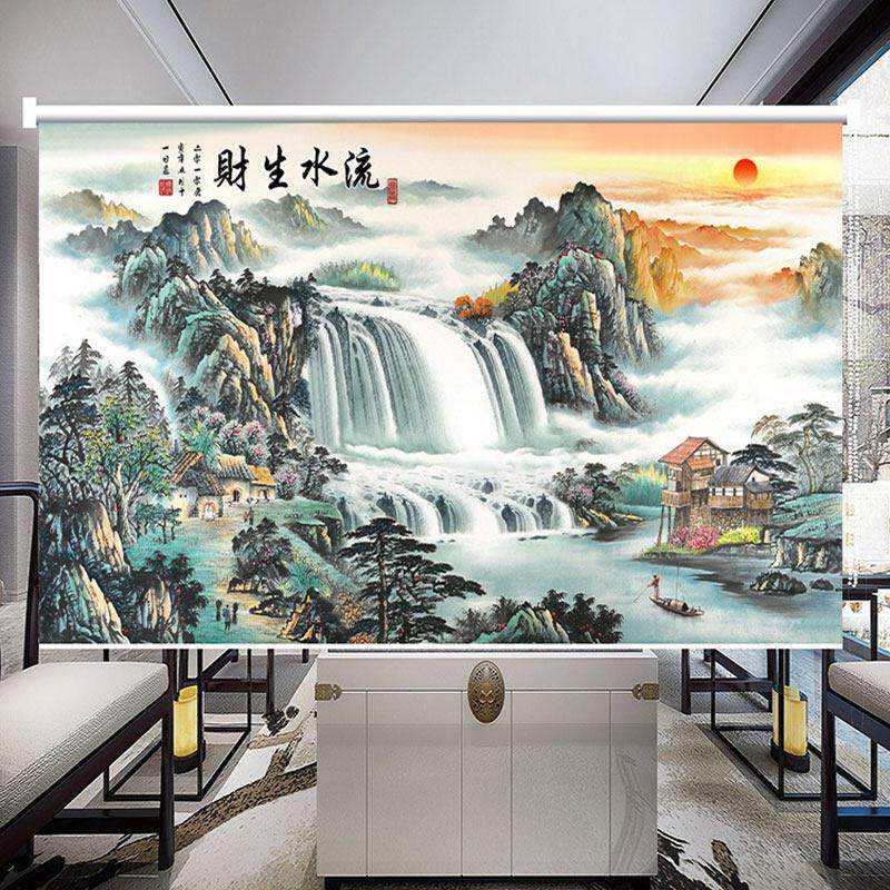 定制窗帘山水字画图办公室客厅卧室全遮光升降卷拉式遮阳挂画卷帘
