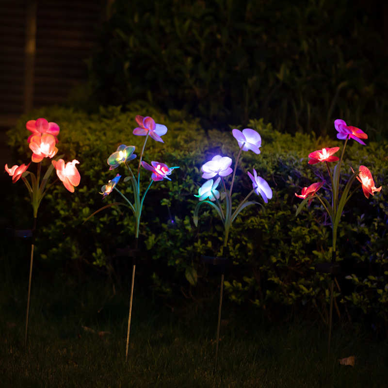 太阳能4头蝴蝶兰彩色变色地插灯LED灯胶片蝴蝶兰仿真花草坪花园灯