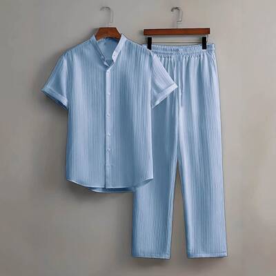 Men Summer Casual Sleeve Cuban Henley Shirt Pants Outfit Set