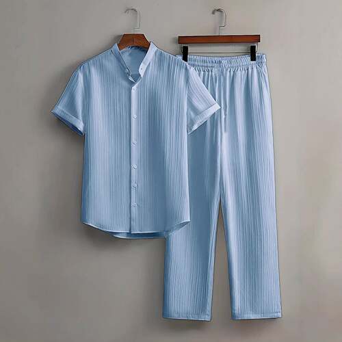 Men Aesthetic 2 Set Vertical Stripe Mandarin Collar Sleeve