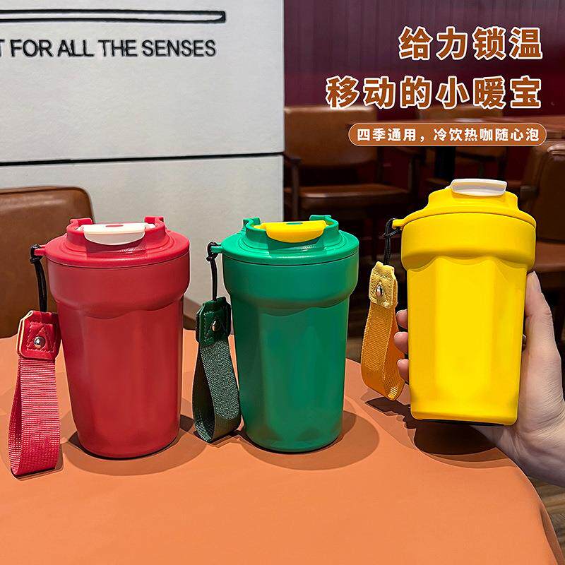 高颜值八角咖啡杯316不锈钢保温杯车载提绳便携随行汽车杯礼品杯