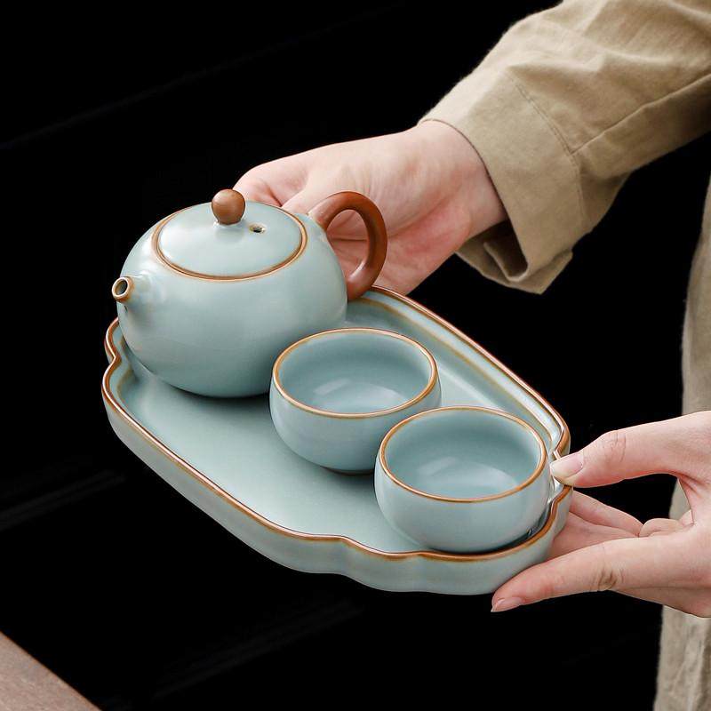 礼品套装汝瓷功夫茶具陶瓷干泡盘便携式哥窑旅行茶具一壶四杯批发
