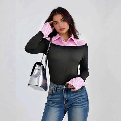 Shirt Womens Off-Shoulder Daily Fake Two-Piece Collar