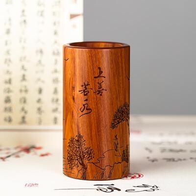 高档木制实木笔筒制教师节礼物定刻字 中国风木质奢学生毛笔筒办