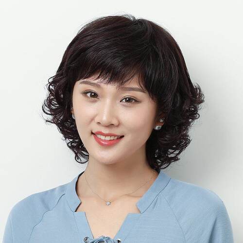高档年假女短发妈妈真发自然时尚短蓬卷发发型中发长发松中修脸全