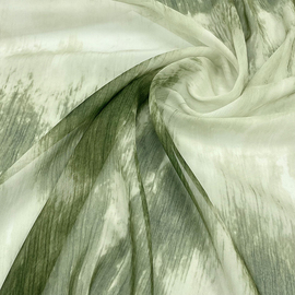 绿色褶皱不规则扎染水墨，印花雪纺网纱面料，春夏古装汉服连衣裙布料