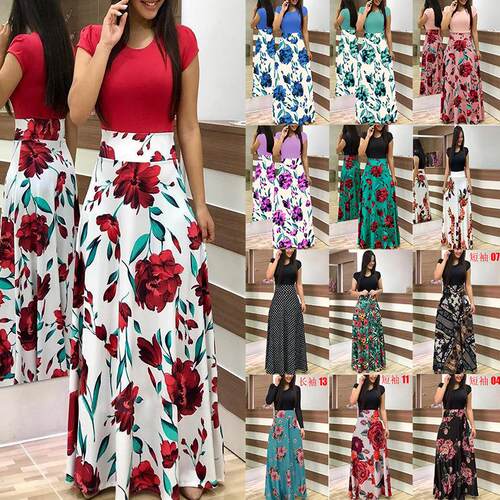 Plus Size Floral Patchwork Print Round Neck A Line Dress