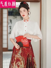 搭配红色马面裙的上衣短袖衬衣改良汉服立领刺绣新中式国风衬衫女