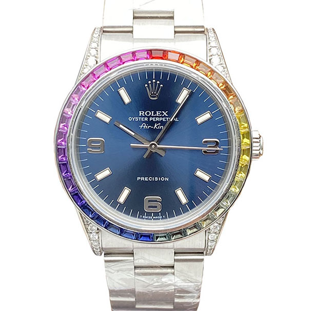 正品[9.8新]劳力士空中霸王系列34mm蓝盘后镶钻自动机械表