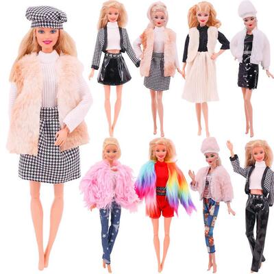 Barbies Doll Clothes Plush Jacket + Fashionable Suit Skirt +