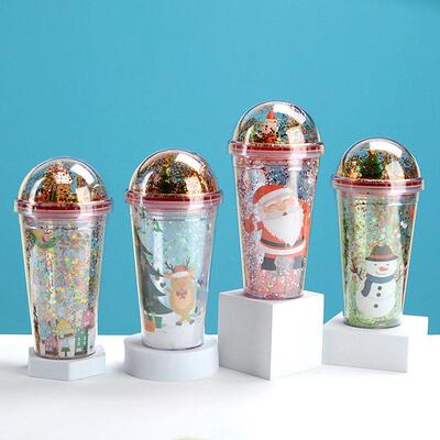 Cartoon Christmas Water Cup Double Layer Plastic Straw Cup