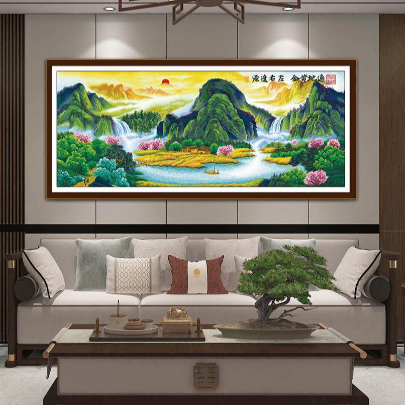 风水黄金满地山水画十字绣聚宝盆客厅大幅风景装饰画手工印花刺绣