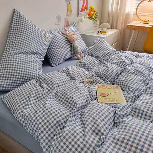 A类简约格子床上四件套纯水洗棉被套床单被罩床笠学生宿舍三4件套