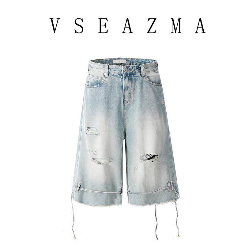VSEAZMA复古水洗做旧破洞牛仔裤宽松直筒抽绳设计阔腿七分裤男女