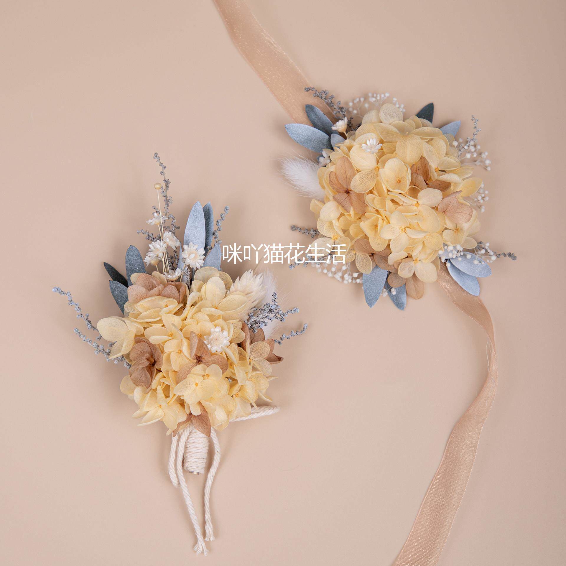 香槟色永生花新郎胸花伴郎襟花 新娘手腕花 婚礼拍照真花胸针配饰