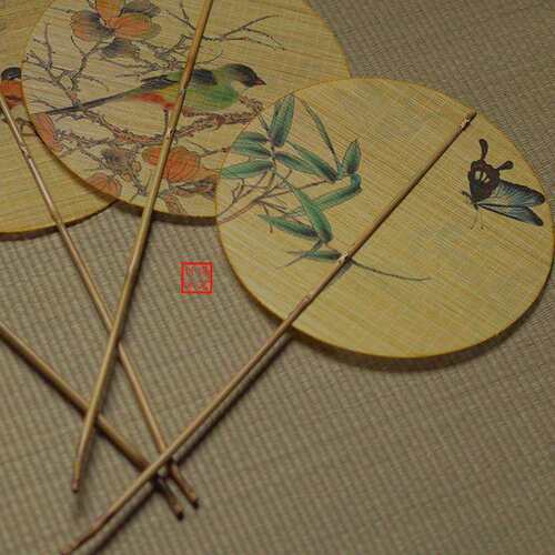 手工竹编扇子 竹丝双面印花团扇 中式复古大漆麈尾团扇 竹制蒲扇