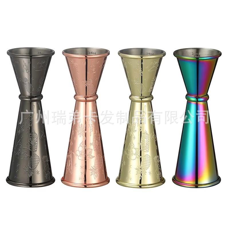 304不锈钢双头量杯 盎司器带内外刻度卷边量酒器蚀刻人鱼花纹量杯