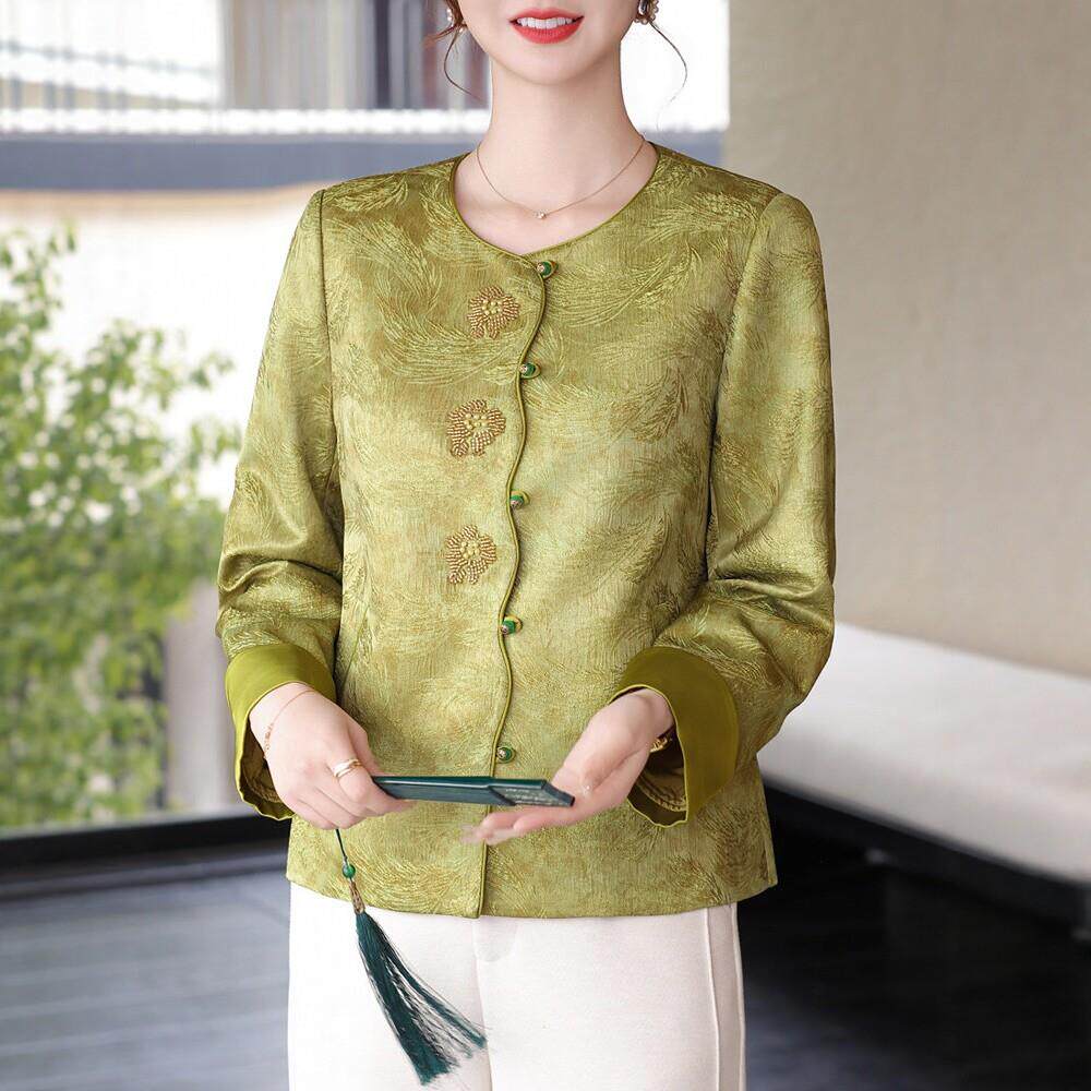 妈妈春秋外套时髦国风中老年女装圆领提花钉珠小香风圆领夹克上衣