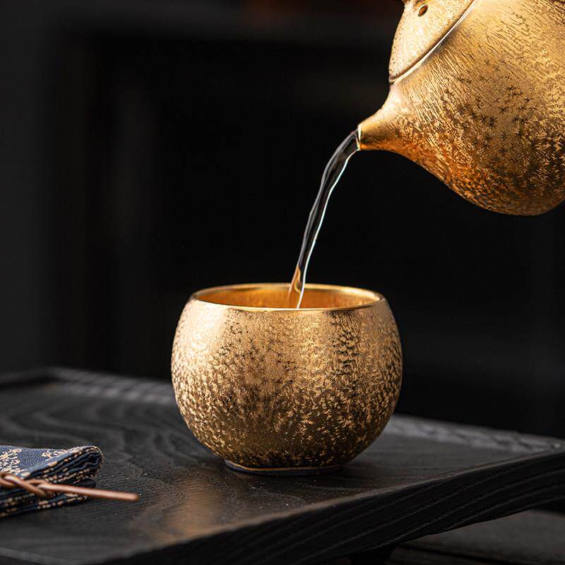 包金七彩曜变铁胎建盏茶杯个人专用24k鎏金家用主人杯收藏金杯