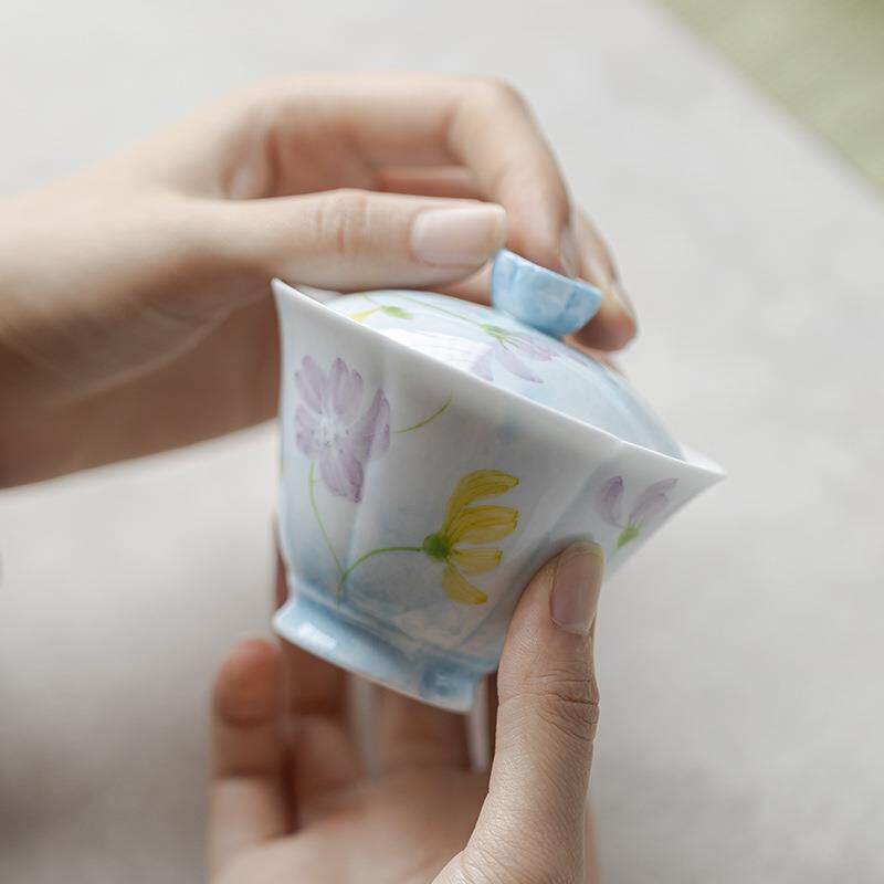 弥言白瓷手绘格桑花盖碗手工陶瓷花口泡茶壶单个不烫手茶艺泡茶碗