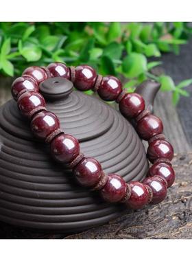 天然原矿红色朱砂大颗粒手链12MM铁红色光滑饱满复古男女饰品