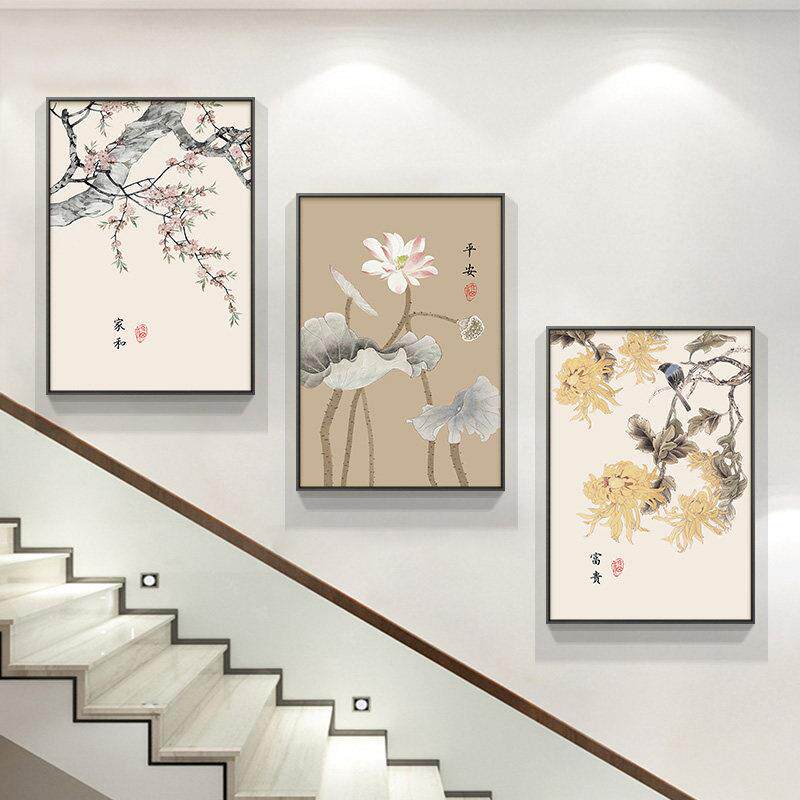 楼梯楼道楼梯间装饰画 画新中式花鸟荷花覆式楼壁画 画三联客厅过