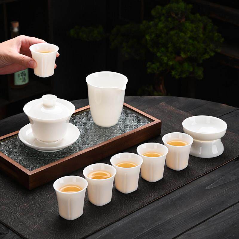 高的盖碗茶具套组羊脂玉瓷茶具功夫茶具盖碗办公家用简约白瓷茶杯