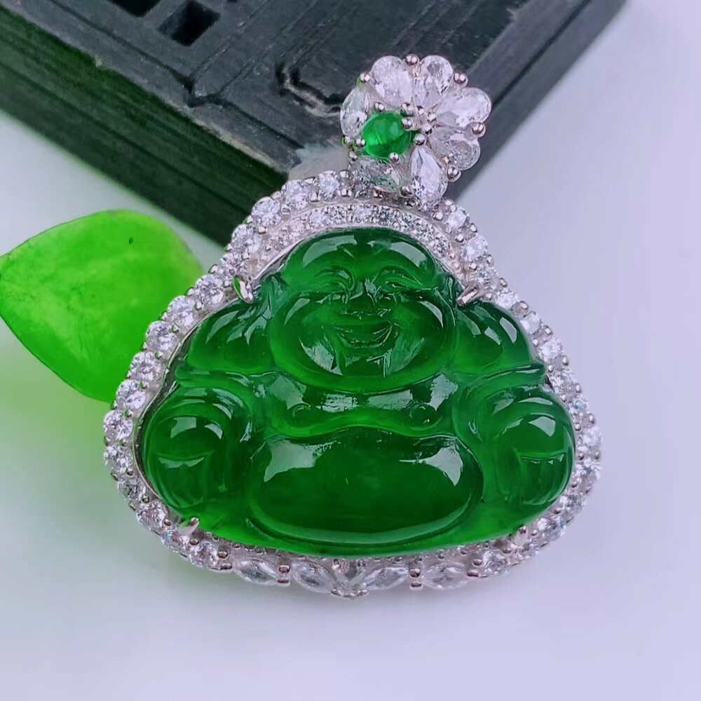 天然真品翡翠正品 水润细腻精细冰阳绿阳色满色精雕佛公吊坠