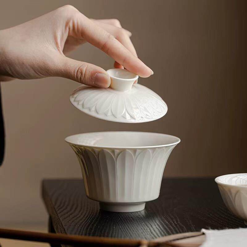 景德镇彷宋定窑白陶瓷盖碗品茗茶杯功夫茶具三才大容量家用泡茶碗