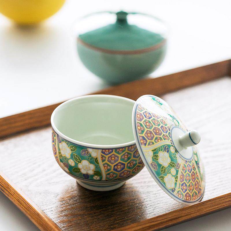 日本制有田烧手绘青花黄釉盖碗茶杯子功夫泡茶碗家用盖杯日式茶具
