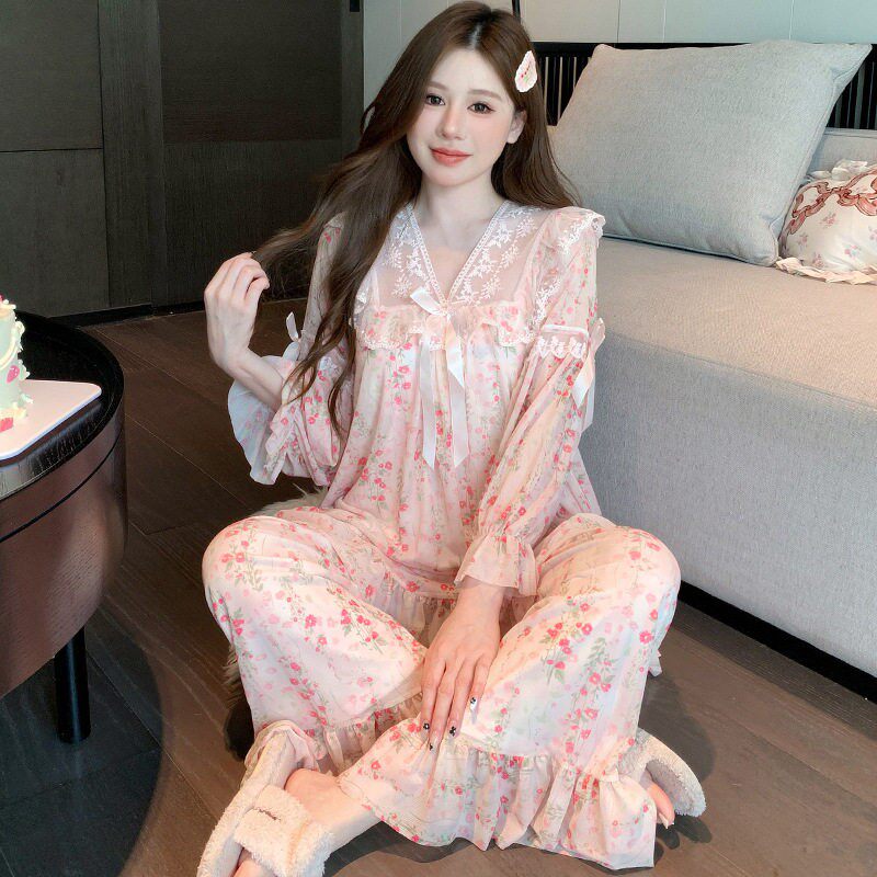 轻奢春秋新款真丝花边甜美宽松公主风网纱桑蚕丝睡衣套装家居服