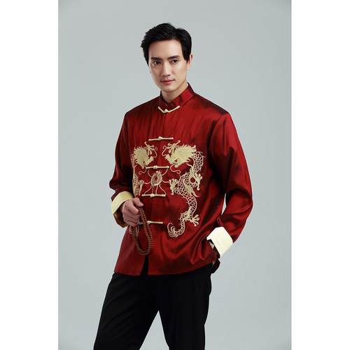 正品服春秋男士长绣袖唐装上衣花双主龙带表演装中式上衣婚礼礼服